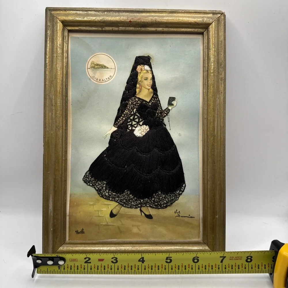 Antique Embroidered Framed Picture Women In Black Gown Signed